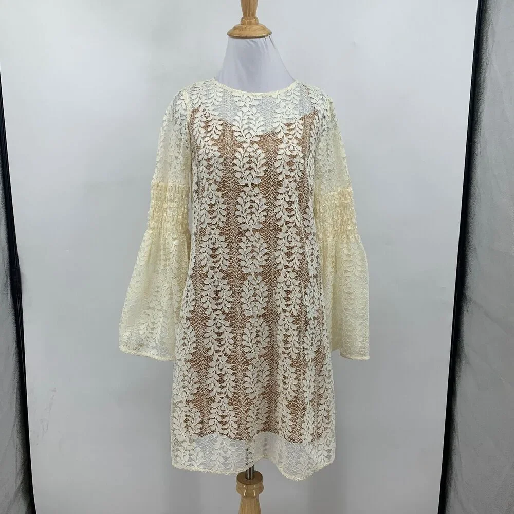 Michael Kors Dress Women Extra Small Ivory Sheer Lace Overlay Bell Sleeves Lined